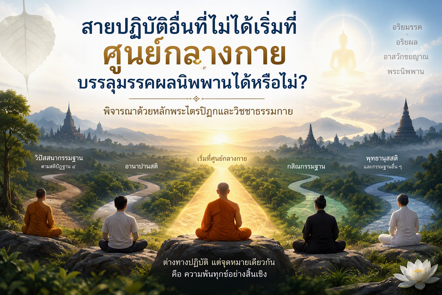 ภาพผู้ปฏิบัติธรรมทำสมาธิกัมมัฏฐาน และการน้อมนำใจสู่ศูนย์กลางกายเพื่อบรรลุมรรคผลนิพพาน