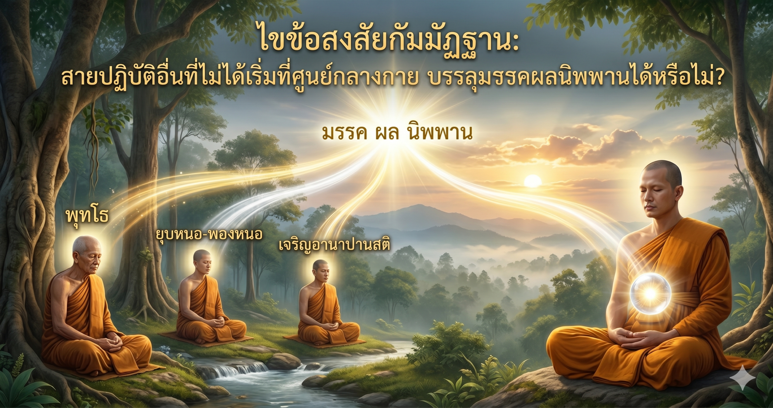 ภาพผู้ปฏิบัติธรรมทำสมาธิกัมมัฏฐาน และการน้อมนำใจสู่ศูนย์กลางกายเพื่อบรรลุมรรคผลนิพพาน