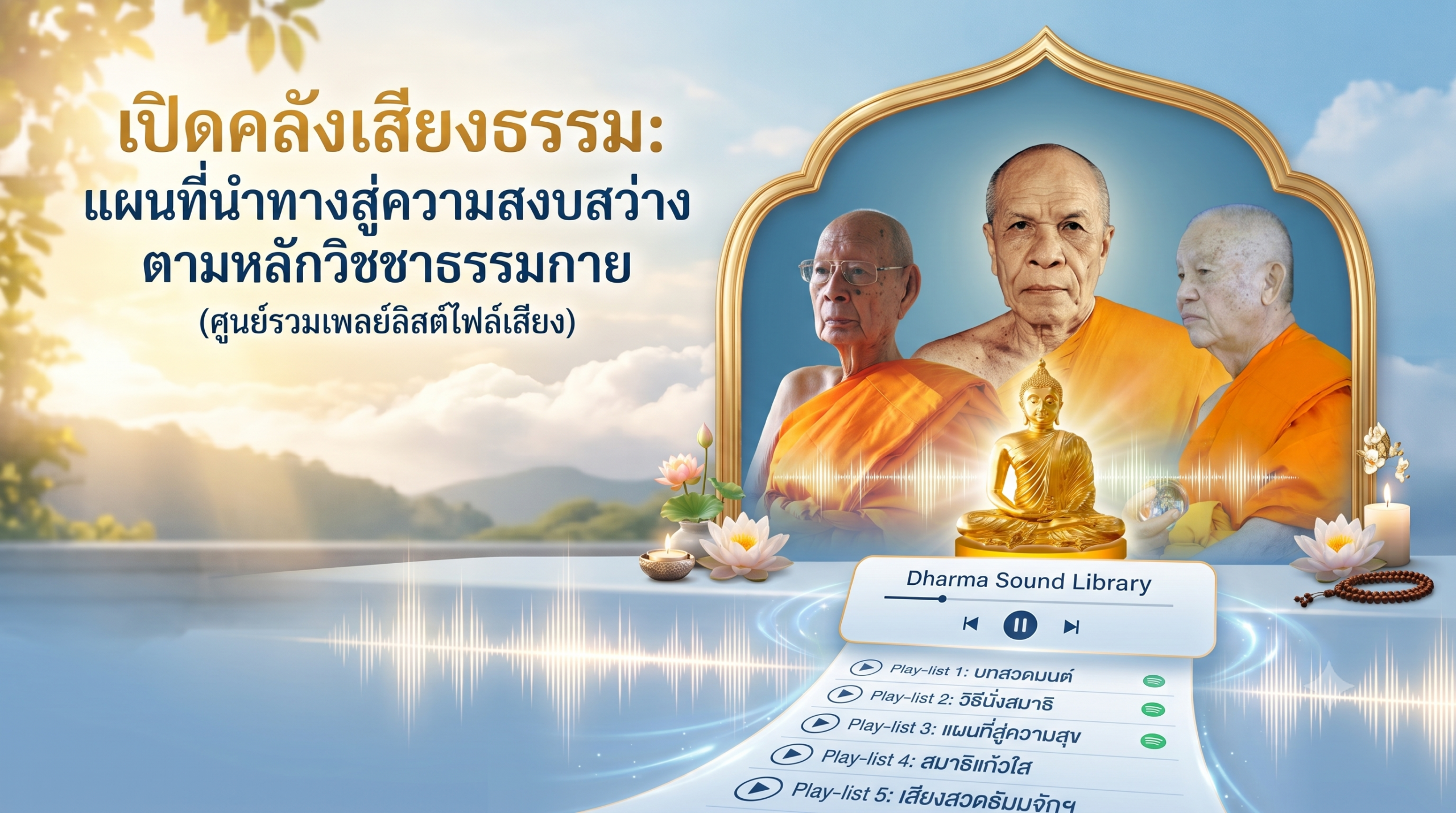 ภาพหน้าเว็บรวมเพลย์ลิสต์ไฟล์เสียงพระธรรมเทศนาและการปฏิบัติวิชชาธรรมกาย หลวงปู่วัดปากน้ำ