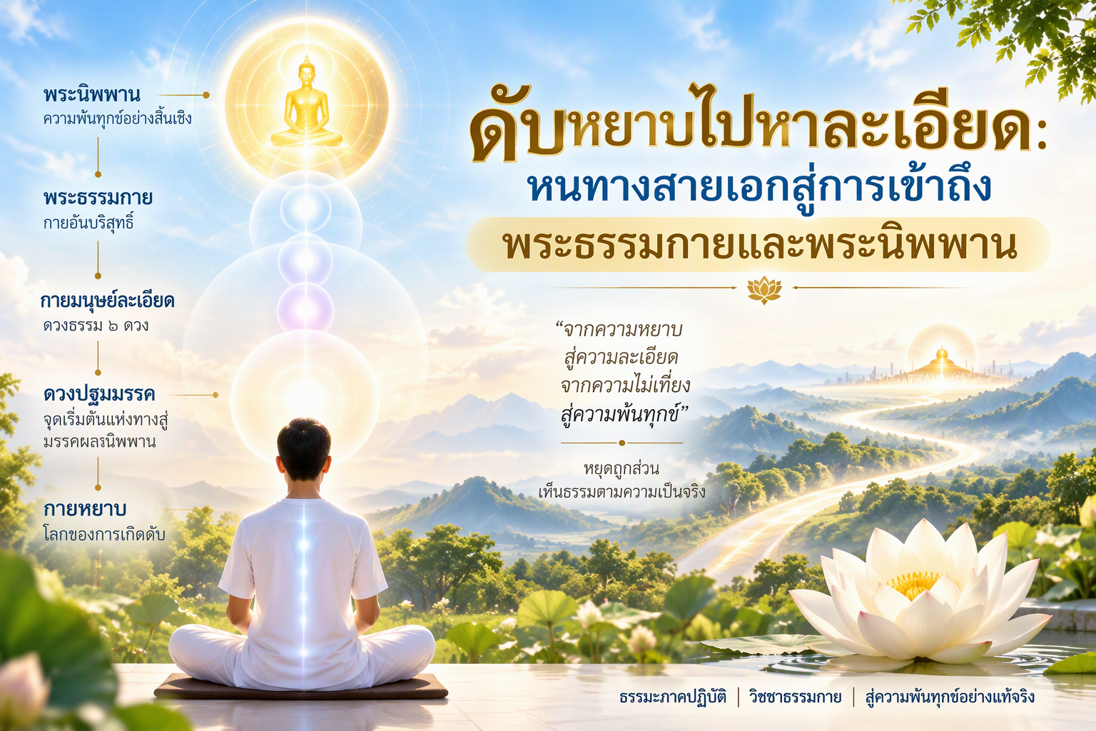 ภาพจำลองการเจริญสมาธิภาวนาและขั้นตอนการดับหยาบไปหาละเอียดเพื่อเข้าถึงพระธรรมกาย