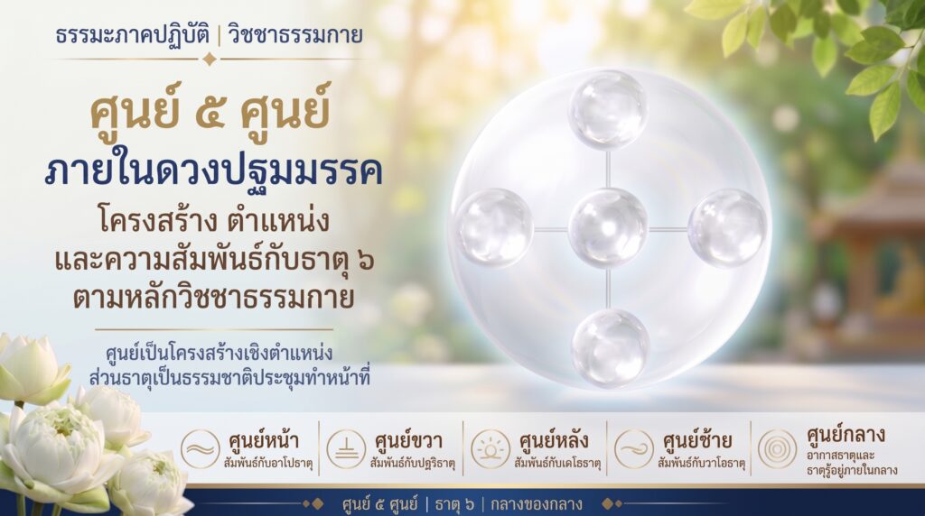 แผนผังศูนย์ ๕ ศูนย์ภายในดวงปฐมมรรคและความสัมพันธ์กับธาตุ ๖ ตามหลักวิชชาธรรมกาย
