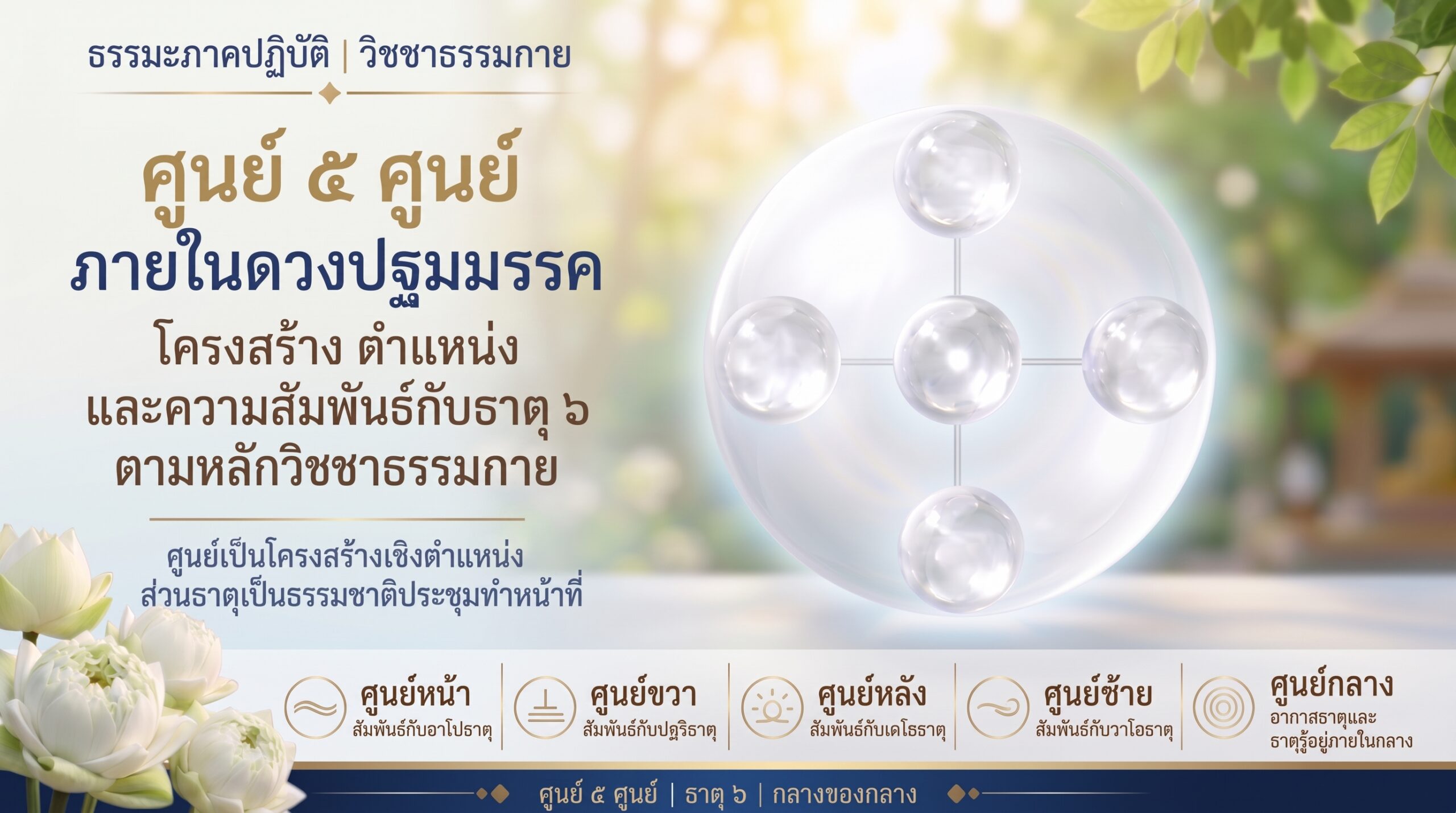 แผนผังศูนย์ ๕ ศูนย์ภายในดวงปฐมมรรคและความสัมพันธ์กับธาตุ ๖ ตามหลักวิชชาธรรมกาย