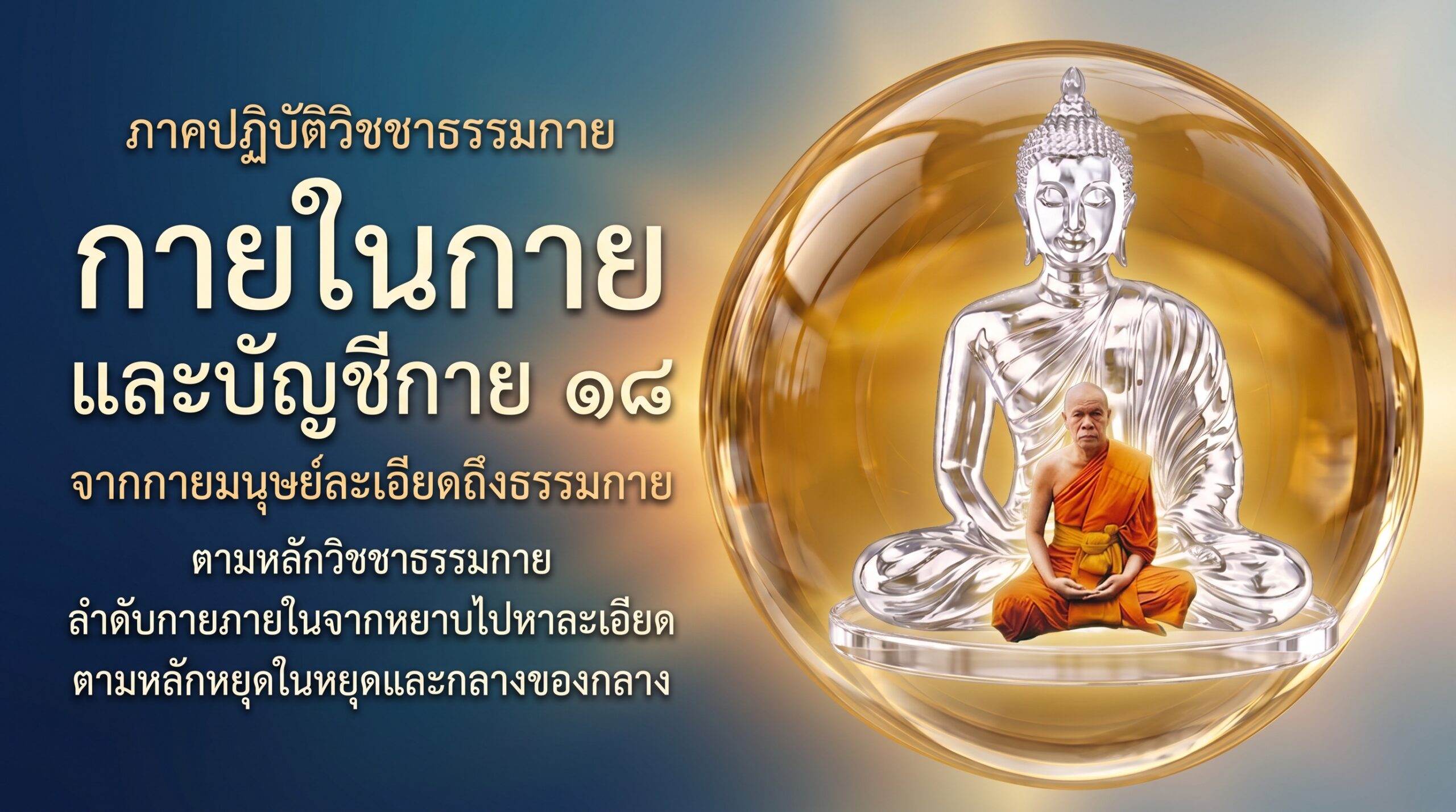 ภาพเชิงแนวคิดกายในกาย แสดงบุคคลครองผ้าสีส้มนั่งสมาธิซ้อนร่วมศูนย์กลางกับองค์พระพุทธปฏิมาใสภายในดวงแก้วกลมใส