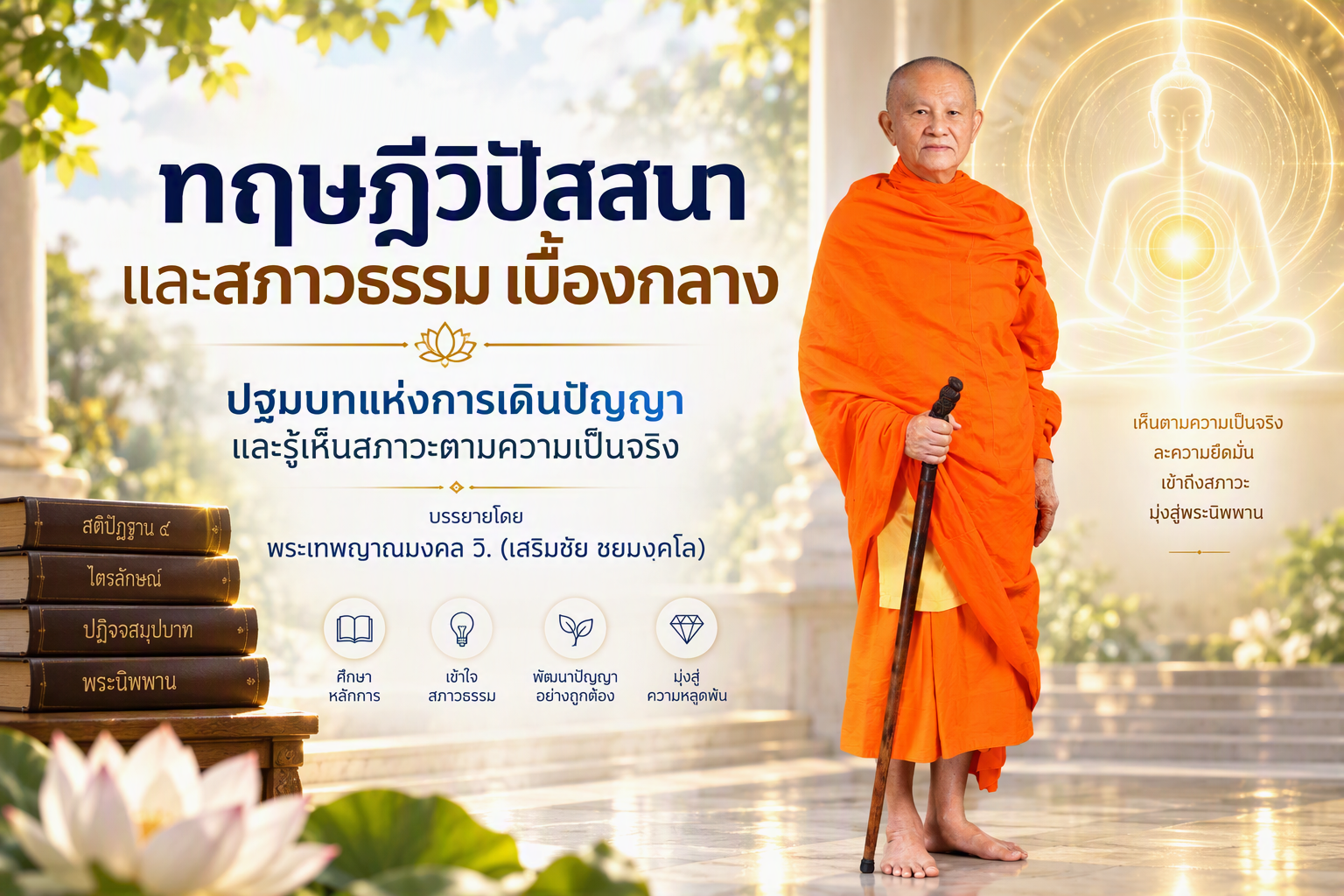 รูปภาพหน้าปก หมวดทฤษฎีวิปัสสนาและสภาวธรรม เบื้องกลาง ปฐมบทแห่งการเดินปัญญาและรู้เห็นสภาวะตามความเป็นจริง